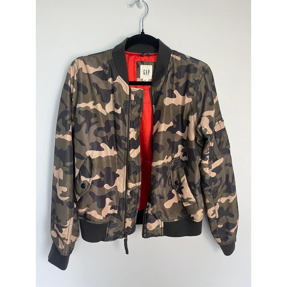 GAP Camo Bomber Jacket Women Small Reversible Red Lining Lightweight‎